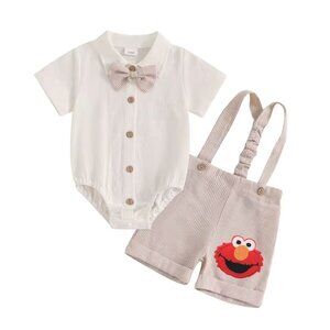 Elmo outfit Beige Boy First Birthday Sesame Outfit Elmo Clothes Suspenders